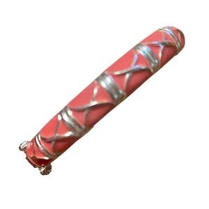 Vtg. Coral & Silvertone Enamel Hinged Bangle Bracelet w/ a double bar X pattern